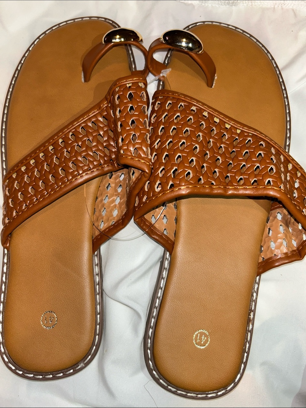 Tan Woven Toe-Ring Slide Sandals - Leather-Look Casual Slides